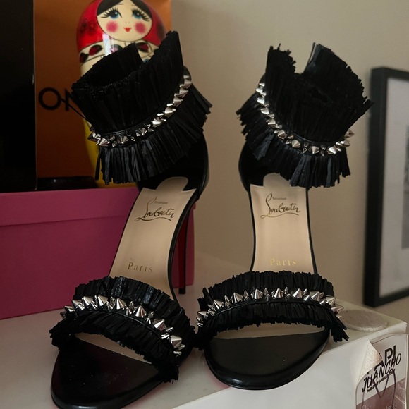 Christian Louboutin Black Poupedou Snake-print Raffia Stiletto Sandals - Picture 2 of 5